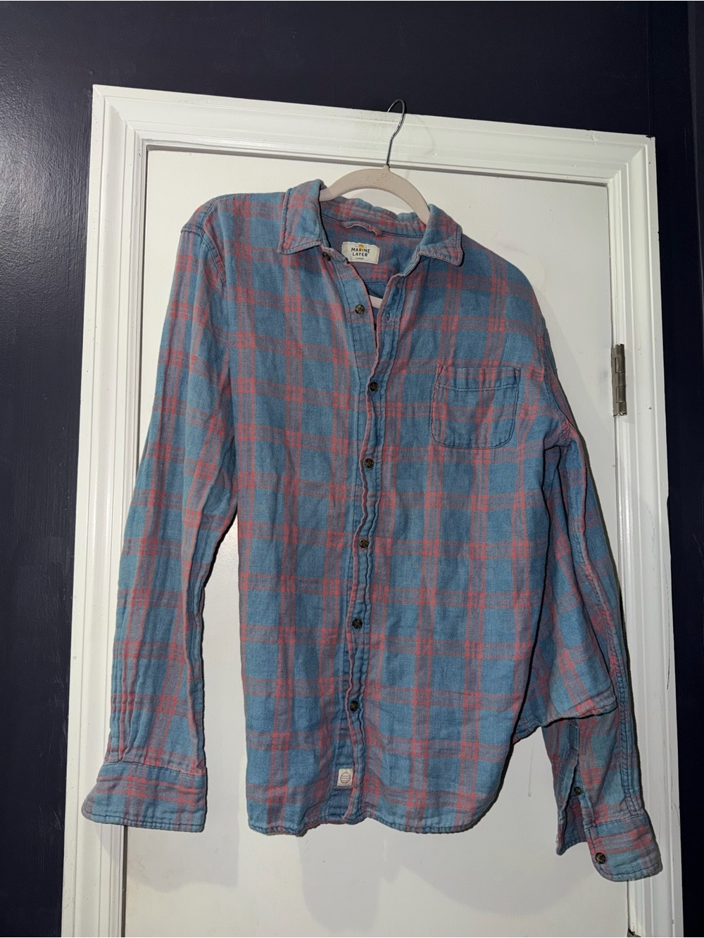 Marine Layer Blue and Coral Plaid Lightweight Fleece Button-Down Shirt